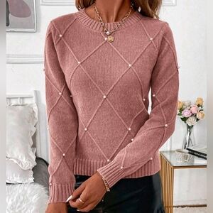 New Beaded Faux Pearl Knit Sweater Top Argyle Dusty Rose Pink